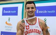19 February 2017; Adam McMullen, Crusaders AC, Dublin with his gold medal after winning the Men's Long Jump Final during the Irish Life Health National Senior Indoor Championships at the Sport Ireland National Indoor Arena in Abbotstown, Dublin. Photo by Brendan Moran/Sportsfile