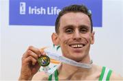 19 February 2017; Kieran Kelly, Raheny Shamrocks AC, Dublin, with his gold medal after winning the Men's 800m Final during the Irish Life Health National Senior Indoor Championships at the Sport Ireland National Indoor Arena in Abbotstown, Dublin. Photo by Brendan Moran/Sportsfile