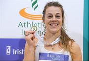 19 February 2017; Fiona Kehoe, Kilmore AC, Co Wexford, with her gold medal after winning the Women's 800m Final during the Irish Life Health National Senior Indoor Championships at the Sport Ireland National Indoor Arena in Abbotstown, Dublin. Photo by Brendan Moran/Sportsfile