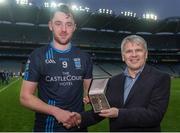 19 February 2017; Pictured is Joe Cawley, AIB Branch Manager, Westport, presenting Shane Scott from St. Patrick's Westport with the Man of the Match award for his outstanding performance in the AIB Junior Football Club Championship Final, St. Colmcille's vs St. Patrick's Westport in Croke Park. For exclusive content and behind the scenes action from the Club Championships follow AIB GAA on Twitter and Instagram @AIB_GAA and facebook.com/AIBGAA #TheToughest Photo by Eóin Noonan/Sportsfile