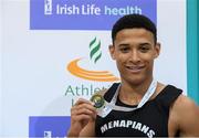 19 February 2017; Leon Reid, Menapians AC, Co Wexford, with his gold medal after winning the Men's 200m Final during the Irish Life Health National Senior Indoor Championships at the Sport Ireland National Indoor Arena in Abbotstown, Dublin. Photo by Brendan Moran/Sportsfile