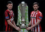 20 February 2017; Dinny Corcoran of Bohemians, left, and Aaron Barry of Derry, right, in attendance at the SSE Airtricity & FAI Photoshoot with League Players at Aviva Stadium in Lansdowne Road, Dublin.  Photo by Seb Daly/Sportsfile