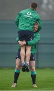 21 February 2017; James Tracy of Ireland lifts team-mate Sean O'Brien during squad training at Carton House in Maynooth, Co Kildare. Photo by Seb Daly/Sportsfile