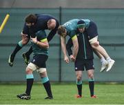 21 February 2017; Jonathan Sexton of Ireland carries team-mate Jamie Heaslip and Iain Henderson carries Rory Best during squad training at Carton House in Maynooth, Co Kildare. Photo by David Maher/Sportsfile