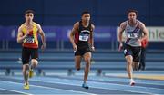 19 February 2017; Leon Reid, centre, Menapians AC, Co Wexford, leads Eoghan Doherty, left, Tallaght AC, Co Dublin, and Mark Kavanagh, Dundrum South Dublin AC, Co Dublin, in the semi-final of the Men's 60m during the Irish Life Health National Senior Indoor Championships at the Sport Ireland National Indoor Arena in Abbotstown, Dublin. Photo by Brendan Moran/Sportsfile