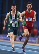 19 February 2017; Dean Adams, left, Ballymena & Antrim AC, Co Antrim, leads Christian Robinson, City of Lisburn AC, Co Antrim, in the semi-finalof the Men's 60m during the Irish Life Health National Senior Indoor Championships at the Sport Ireland National Indoor Arena in Abbotstown, Dublin. Photo by Brendan Moran/Sportsfile