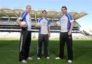 27 July 2011; Mark Herbert, Kick Fada record holder, left, with reigning Munster and Ulster champions Bryan Sheehan, Kerry, and Paul Durcan, Donegal, right, at the launch of the 2011 MBNA Kick Fada Competiton. GAA players from across Ireland are being encouraged to take part in the 2011 competition and break the decade old Kick Fada distance records for both male and female players. The 2011 competition takes place in Bray Emmets GAA Club, Co. Wicklow on Saturday 10th of September. Croke Park, Dublin. Picture credit: Oliver McVeigh / SPORTSFILE