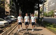 27 July 2011; Republic of Ireland players, from left, Joe Shaughnessy, Eoin Wearen and John Egan take a walk near the team hotel ahead of their side's 2010/11 UEFA European Under-19 Championship Semi-Final, on Friday, against Spain. 2010/11 UEFA European Under-19 Championship, Intercontinental Hotel, Bucharest, Romania. Picture credit: Stephen McCarthy / SPORTSFILE