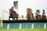 27 July 2011; Pink Goddess, with Ian McCarthy up, left, and Drumfire, with Barry Geraghty up, jump the fourth during the Tote Pick Six Maiden Hurdle. Galway Racing Festival 2011, Ballybrit, Galway. Picture credit: Diarmuid Greene / SPORTSFILE