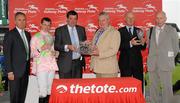 27 July 2011; During the winners presentation of the www.thetote.com Galway Plate (Steeplechase Handicap) (Grade A), won by Blazing Tempo, are from left to right, Jim Nicholson, Tote Chairman, jockey Paul Townend, Shane McEntee, Junior Minister for Agriculture, Joe O'Riordan representing owner Susannah Ricci, trainer Willie Mullins and Tim Naughton, Galway Races Committee Chairman. Galway Racing Festival 2011, Ballybrit, Galway. Picture credit: Diarmuid Greene / SPORTSFILE