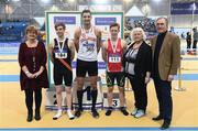 19 February 2017; Medallists in the Men's Long Jump Final, silver medallist Keith Marks, Clonliffe Harriers AC, Dublin, gold medallist Adam McMullen, Crusaders AC, Dublin, and bronze medallist Ben Fisher, City of Lisburn AC, Co Antrim, with, from left, Caroline Murphy, Board Member, National Sports Campus, Georgina Drumm, President of Athletics Ireland, and Sean Benton, Board Member, National Sports Campus, during the Irish Life Health National Senior Indoor Championships at the Sport Ireland National Indoor Arena in Abbotstown, Dublin. Photo by Brendan Moran/Sportsfile