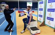 19 February 2017; Winner of the Men's Shot Put Final John Kelly, from Finn Valley AC, Co Donegal, has his photo taken by Patsy McGonigle, during the Irish Life Health National Senior Indoor Championships at the Sport Ireland National Indoor Arena in Abbotstown, Dublin. Photo by Brendan Moran/Sportsfile