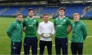 22 February 2017; Ireland international and former Ireland U20s out-half, Ian Madigan announces Electric Ireland’s continued support of the Under 20’s 2017 Rugby Six Nations Home Games in Donnybrook alongside U20 players, from left, Jordan Larmour, Caelan Doris, Oisín Dowling and Tommy O'Brien. Electric Ireland believe in Smarter Living and for rugby fans these matches are the smarter choice to experience the Six Nations atmosphere while seeing at first hand the future stars of Irish rugby. Donnybrook Stadium, Donnybrook, Dublin. Photo by Piaras Ó Mídheach/Sportsfile