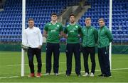 22 February 2017; Ireland international and former Ireland U20s out-half, Ian Madigan announces Electric Ireland’s continued support of the Under 20’s 2017 Rugby Six Nations Home Games in Donnybrook alongside U20 players, from left, Oisín Dowling, Caelan Doris, Tommy O'Brien and Jordan Larmour. Electric Ireland believe in Smarter Living and for rugby fans these matches are the smarter choice to experience the Six Nations atmosphere while seeing at first hand the future stars of Irish rugby. Donnybrook Stadium, Donnybrook, Dublin. Photo by Piaras Ó Mídheach/Sportsfile