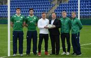 22 February 2017; Ireland international and former Ireland U20s out-half, Ian Madigan announces Electric Ireland’s continued support of the Under 20’s 2017 Rugby Six Nations Home Games in Donnybrook alongside U20 players, from left, Oisín Dowling, Caelan Doris, Tommy O'Brien and Jordan Larmour and Head of Commercial at Electric Ireland, Niall Dineen. Electric Ireland believe in Smarter Living and for rugby fans these matches are the smarter choice to experience the Six Nations atmosphere while seeing at first hand the future stars of Irish rugby. Donnybrook Stadium, Donnybrook, Dublin. Photo by Piaras Ó Mídheach/Sportsfile