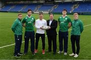 22 February 2017; Ireland international and former Ireland U20s out-half, Ian Madigan announces Electric Ireland’s continued support of the Under 20’s 2017 Rugby Six Nations Home Games in Donnybrook alongside U20 players, from left, Jordan Larmour, Caelan Doris, Oisín Dowling and Tommy O'Brien and Head of Commercial at Electric Ireland, Niall Dineen. Electric Ireland believe in Smarter Living and for rugby fans these matches are the smarter choice to experience the Six Nations atmosphere while seeing at first hand the future stars of Irish rugby. Donnybrook Stadium, Donnybrook, Dublin. Photo by Piaras Ó Mídheach/Sportsfile