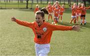 23 February 2017; Danielle Joyce, age 12, from St. Patrick's Girls' NS, celebrates a goal at the Aviva Soccer Sisters Exhibition by the St. Patrick’s Girls NS at Ringsend Astro Park with Irish Women’s International Aine O'Gorman. The Aviva Soccer Sisters Easter Camps, for girls aged between 7 and 12 years old, will take place in 120 venues across the country during the Easter break. For more details on the Aviva Soccer Sisters programme and where to find your local camp, log on to www.aviva.ie/soccersisters. Photo by Cody Glenn/Sportsfile