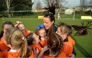 23 February 2017; Irish Women's International Aine O'Gorman celebrates with players from St. Patrick's Girls NS, at the Aviva Soccer Sisters Exhibition by the St. Patrick’s Girls NS at Ringsend Astro Park. The Aviva Soccer Sisters Easter Camps, for girls aged between 7 and 12 years old, will take place in 120 venues across the country during the Easter break. For more details on the Aviva Soccer Sisters programme and where to find your local camp, log on to www.aviva.ie/soccersisters. Photo by Cody Glenn/Sportsfile