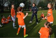 23 February 2017; Irish Women’s International Aine O'Gorman plays with attendees at the Aviva Soccer Sisters Exhibition by the St. Patrick’s Girls NS at Ringsend Astro Park. The Aviva Soccer Sisters Easter Camps, for girls aged between 7 and 12 years old, will take place in 120 venues across the country during the Easter break. For more details on the Aviva Soccer Sisters programme and where to find your local camp, log on to www.aviva.ie/soccersisters. Photo by Cody Glenn/Sportsfile
