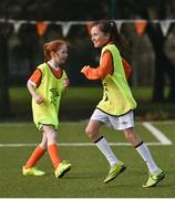 23 February 2017; Abbey Larkin, age 11, from St. Patrick's Girls' NS, celebrates a goal at the Aviva Soccer Sisters Exhibition by the St. Patrick’s Girls' NS. at Ringsend Astro Park with Irish Women’s International Aine O'Gorman. The Aviva Soccer Sisters Easter Camps, for girls aged between 7 and 12 years old, will take place in 120 venues across the country during the Easter break.  For more details on the Aviva Soccer Sisters programme and where to find your local camp, log on to www.aviva.ie/soccersisters. Photo by Cody Glenn/Sportsfile