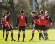 23 February 2017; Sean O'Callaghan, far right, of University College Cork celebrates with team mates after scoring his side's first goal during the IUFU Collingwood Cup Final match between University College Cork and University College Dublin at Maynooth University, Maynooth, Co. Kildare. Photo by Eóin Noonan/Sportsfile