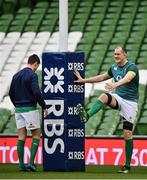 24 February 2017; Devin Toner, right, and Jonathan Sexton of Ireland stretch during the captain's run at the Aviva Stadium in Dublin. Photo by Ramsey Cardy/Sportsfile