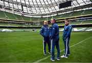 24 February 2017; France assistant coach Yannick Bru, left, head coach Guy Noves, centre, and captain Guilhem Guira during the captain's run at the Aviva Stadium in Dublin. Photo by Ramsey Cardy/Sportsfile