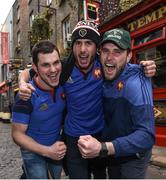 24 February 2017; France supporters, from left, Patrick Horvais, Lucien Perrier and Romain Eymard from Grenoble enjoying the build up prior to the RBS Six Nations Rugby Championship match between Ireland and France at Temple Bar in Dublin. Photo by David Fitzgerald/Sportsfile