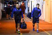 24 February 2017; Luke McGrath, right, and Richardt Strauss of Leinster arrive prior to the Guinness PRO12 Round 16 match between Newport Gwent Dragons v Leinster at Rodney Parade, in Newport, Wales. Photo by Stephen McCarthy/Sportsfile
