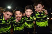 24 February 2017; Leinster supporters, from left, JJ Hartford, Oisin Hade, Oran D'Arcy and Tom Fingleton, from Portlaoise RFC, before the Guinness PRO12 Round 16 match between Newport Gwent Dragons and Leinster at Rodney Parade in Newport, Wales. Photo by Stephen McCarthy/Sportsfile