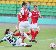 28 July 2011; Ian Bermingham, St Patrick's Athletic FC, in action against Igor Khudobyak, FC Karpaty Lviv. UEFA Europa League Third Qualifying Round, 1st Leg, FC Karpaty Lviv v St Patrick's Athletic FC, Ukrayina Stadium, Lviv, L'vivs'ka oblast, Ukraine. Picture credit: Yevhen Kravs / SPORTSFILE