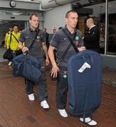 29 July 2011; Anthony Stokes, Glasgow Celtic, left, and team-mate Scott Brown pictured on their arrival at Dublin Airport ahead of this weekend's Dublin Super Cup. Dublin Airport, Dublin. Picture credit: Oliver McVeigh / SPORTSFILE