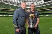 29 July 2011; Neil Lennon, Glasgow Celtic manager, and Scott Brown with the Dublin Super Cup after a press conference ahead of the Dublin Super Cup. Aviva Stadium, Lansdowne Road, Dublin. Picture credit: David Maher / SPORTSFILE
