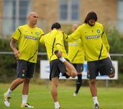 29 July 2011; Daniel Majstorovic, left, Joe Ledley and Georgios Samaras, right, Glasgow Celtic, in action during squad training ahead of the Dublin Super Cup. Gannon Park, Malahide, Co. Dublin. Picture credit: Oliver McVeigh / SPORTSFILE