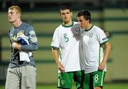 29 July 2011; Republic of Ireland's Aaron McCarey, left, Anthony O'Connor, 5, and John O'Sullivan, show their disappointment after the game. 2010/11 UEFA European Under-19 Championship - Semi-Final, Spain v Republic of Ireland, Stadionul Concordia, Chiajna, Bucharest, Romania. Picture credit: Pat Murphy / SPORTSFILE
