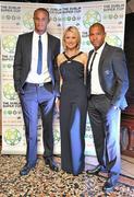 29 July 2011; Manchester City players Vincent Kompany, left, and Nigel De Jong with Kirsteen O'Sullivan, at the Dublin Super Cup Launch Party. Cafe en Seine, Dawson St, Dublin. Picture credit: Brendan Moran / SPORTSFILE