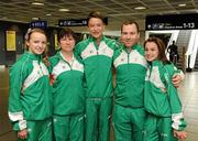 30 July 2011; Ireland gymnsatics players and coaches, left to right, India McPeak, Mary Murray, judge, Adam Dalton, Tim O'Donovan, coach, and Sarah Stranbridge, on their arrival at Dublin Airport as the Irish team return from the European Youth Olympics in Turkey. Dublin Airport, Dublin. Picture credit: Ray McManus / SPORTSFILE