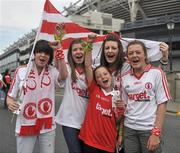 30 July 2011; Tyrone supporters, left to right, Orla McNulty, aged 14, Fiona McGonagle, aged 13, Emer McNulty, aged 10, Caoimhe McGonagle, aged 15, and Michaelina McGonagle, aged 14, from Strabane, Co. Tyrone, on their way to the game. GAA Football All-Ireland Senior Championship Qualifier, Round 4, Roscommon v Tyrone, Croke Park, Dublin. Picture credit: Dáire Brennan / SPORTSFILE