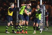 24 February 2017; Jack Conan, second from left, is congratulated by his Leinster team-mates, from left, James Tracy, Noel Reid and Jamison Gibson-Park after scoring his side's first try during the Guinness PRO12 Round 16 match between Newport Gwent Dragons and Leinster at Rodney Parade in Newport, Wales. Photo by Stephen McCarthy/Sportsfile
