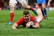 24 February 2017; Jaco Taute of Munster scores his side's first try during the Guinness PRO12 Round 16 match between Munster and Scarlets at Thomond Park in Limerick. Photo by Diarmuid Greene/Sportsfile