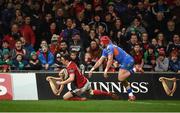 24 February 2017; Darren Sweetnam of Munster scores his side's second try despite the efforts of DTH van der Merwe of Scarlets during the Guinness PRO12 Round 16 match between Munster and Scarlets at Thomond Park in Limerick. Photo by Diarmuid Greene/Sportsfile