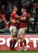 24 February 2017; Darren Sweetnam, left, of Munster celebrates with team-mate Ronan O'Mahony after scoring his side's second try during the Guinness PRO12 Round 16 match between Munster and Scarlets at Thomond Park in Limerick. Photo by Diarmuid Greene/Sportsfile