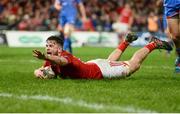 24 February 2017; Conor Oliver of Munster scores his side's third try during the Guinness PRO12 Round 16 match between Munster and Scarlets at Thomond Park in Limerick. Photo by Diarmuid Greene/Sportsfile