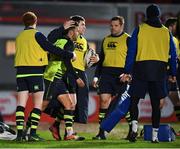 24 February 2017; Jamison Gibson-Park is congratulated by his Leinster team-mates Cathal Marsh, left, and Luke McGrath after scoring his side's third try during the Guinness PRO12 Round 16 match between Newport Gwent Dragons and Leinster at Rodney Parade in Newport, Wales. Photo by Stephen McCarthy/Sportsfile