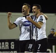 24 February 2017; Robbie Benson, left, of Dundalk celebrates after scoring his side's first goal with teammate Michael Duffy during the SSE Airtricity League Premier Division match between Dundalk and Shamrock Rovers at Oriel Park, in Dundalk. Photo by David Maher/Sportsfile