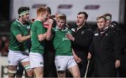 24 February 2017; Tommy O'Brien, centre, of Ireland celebrates with team-mates after scoring their side's second try during the RBS U20 Six Nations Rugby Championship match between Ireland and France at Donnybrook Stadium, in Donnybrook, Dublin. Photo by Brendan Moran/Sportsfile