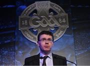 24 February 2017; GAA finance director Tom Ryan addresses delegates during the 2017 GAA Annual Congress at Croke Park, in Dublin. Photo by Ray McManus/Sportsfile