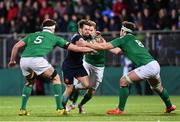24 February 2017; Arthur Retiere of France is tackled by Oisin Dowling, left, and Caelan Doris of Ireland during the RBS U20 Six Nations Rugby Championship match between Ireland and France at Donnybrook Stadium in Dublin. Photo by Ramsey Cardy/Sportsfile