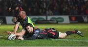 24 February 2017; Hayden Triggs of Leinster beats Adam Warren of Newport Gwent Dragons to score his side's sixth try during the Guinness PRO12 Round 16 match between Newport Gwent Dragons and Leinster at Rodney Parade in Newport, Wales. Photo by Stephen McCarthy/Sportsfile
