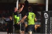 24 February 2017; Hayden Triggs of Leinster, left, after scoring his side's sixth try during the Guinness PRO12 Round 16 match between Newport Gwent Dragons and Leinster at Rodney Parade in Newport, Wales. Photo by Stephen McCarthy/Sportsfile